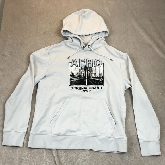 Aeropostale Mens Hoodie Sweatshirt Large Graphic Print Casual White Pullover - Picture 8 of 9